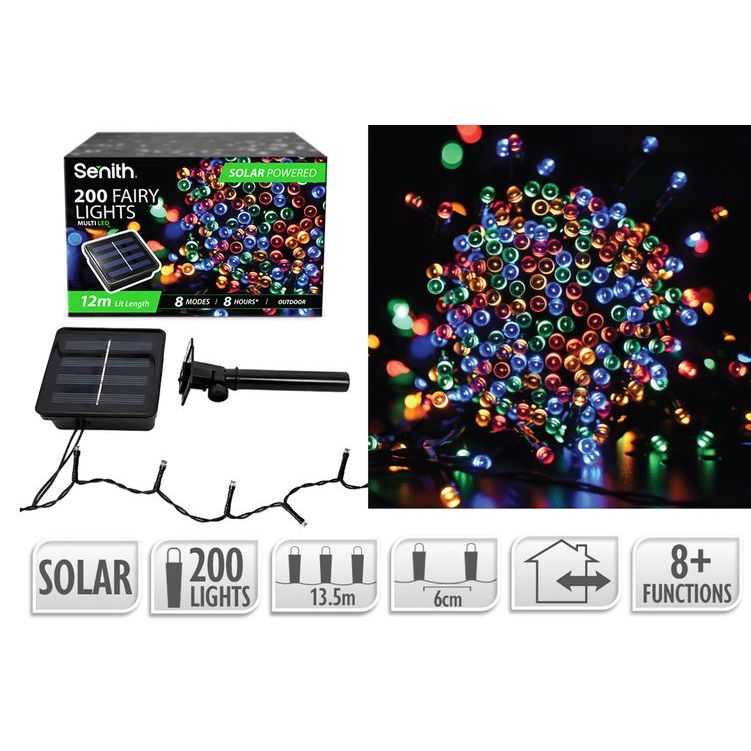 200 LED solar fairy lights, 13.5m string with 8 lighting functions in multi-colour