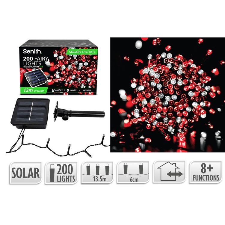 200 LED solar fairy lights, 13.5m string with 8 lighting functions in red & cool white