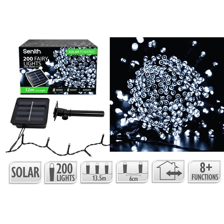 200 LED solar fairy lights, 13.5m string with 8 lighting functions in cool white