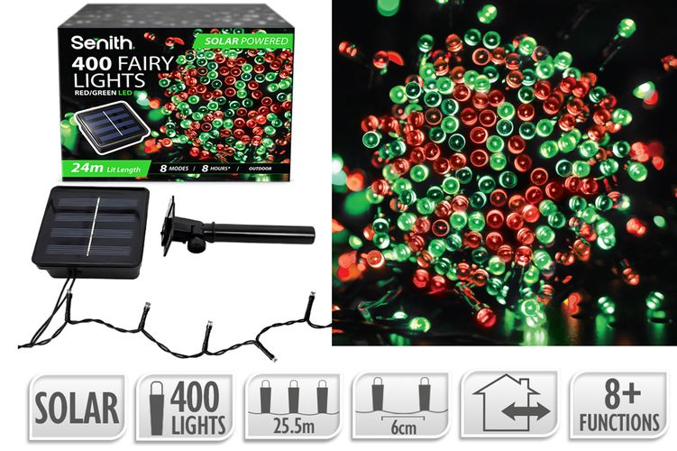 400 LED solar fairy lights, 25.5m string with 8 lighting functions in red & green