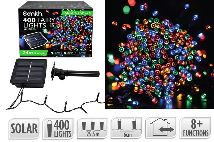 400 LED solar fairy lights, 25.5m string with 8 lighting functions in multi-colour