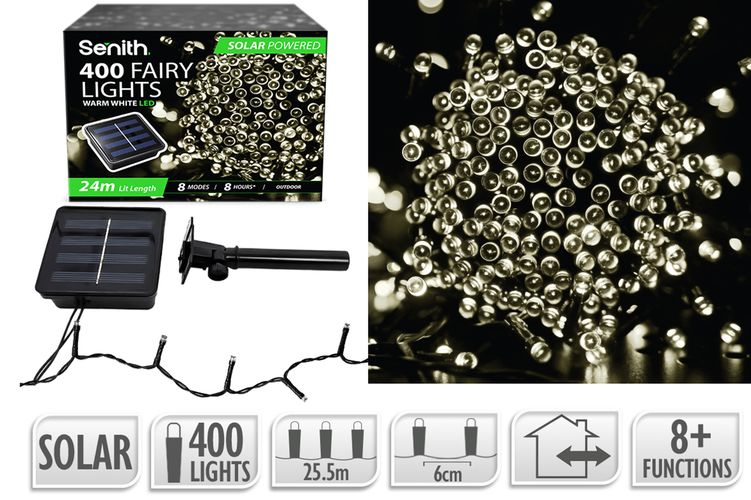 400 LED solar fairy lights, 25.5m string with 8 lighting functions in warm white