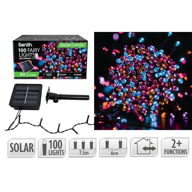 100 LED solar fairy lights, 7.5m string with 2 lighting functions in macaroon