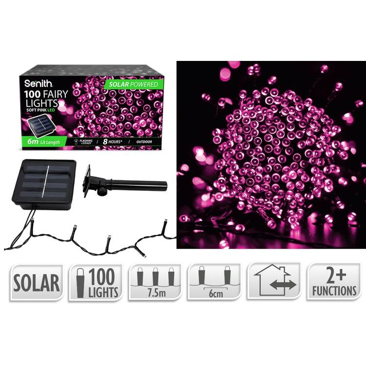 100 LED solar fairy lights, 7.5m string with 2 lighting functions in soft pink