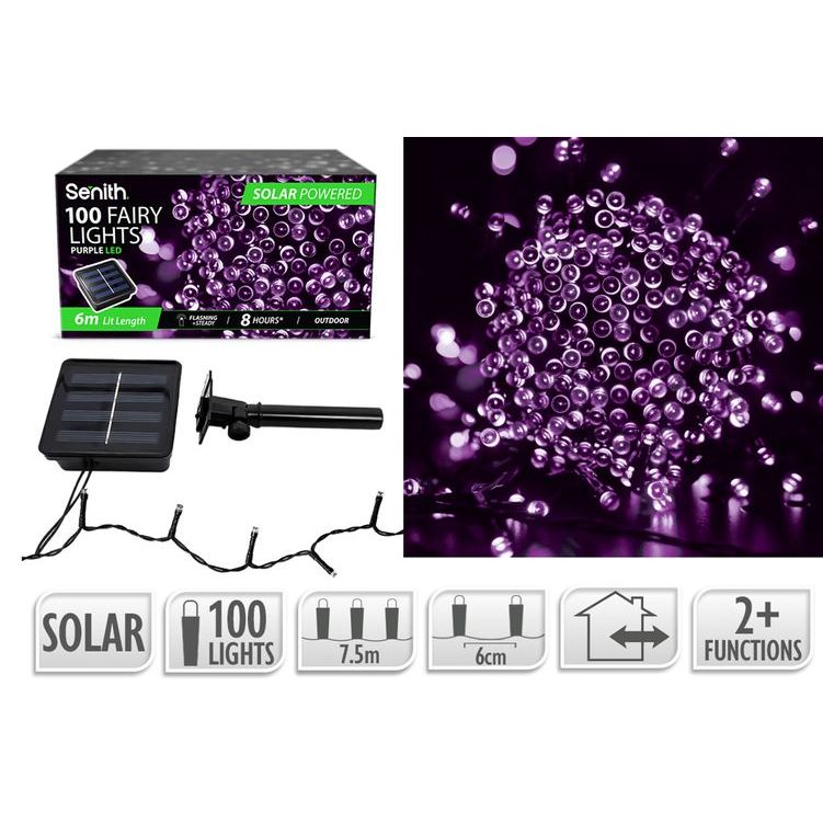 100 LED Solar Fairy Lights 7.5m 2 Function Purple outdoor solar LED lights