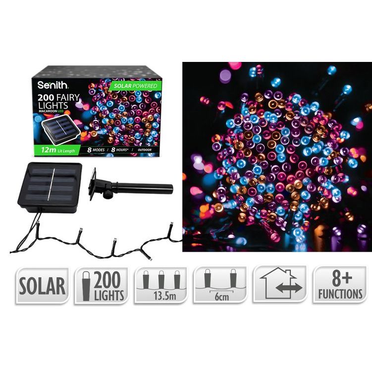200 LED solar fairy lights, 13.5m string with 8 lighting functions in macaroon