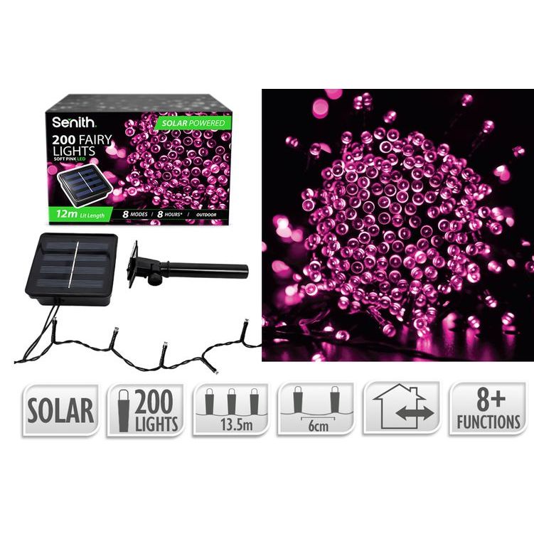 200 LED solar fairy lights, 13.5m string with 8 lighting functions in soft pink