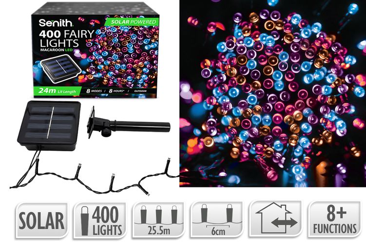 400 LED solar fairy lights, 25.5m string with 8 lighting functions in macaroon