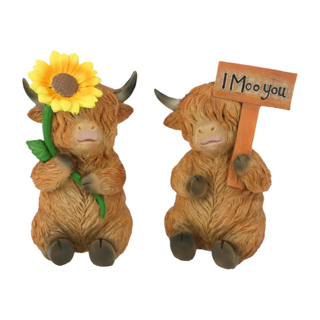 12cm Highland Cow w/Sunflowers & Sign SKU COWHSUSI - Dollars and Sense