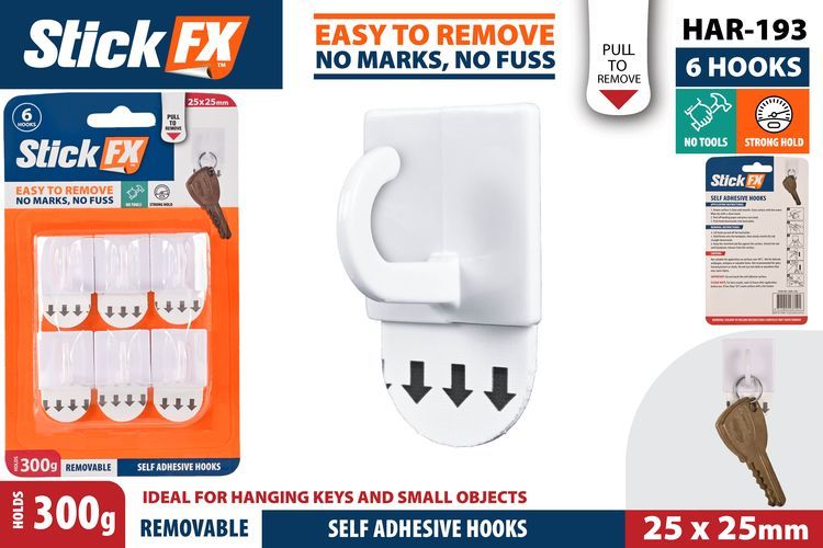 6pce Self-Adhesive Hooks-300G-Rem-3x3cm