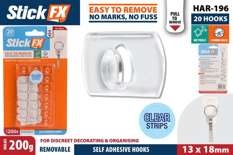 20pce Self-Adhesive Hooks-200G-Rem-1.5cm