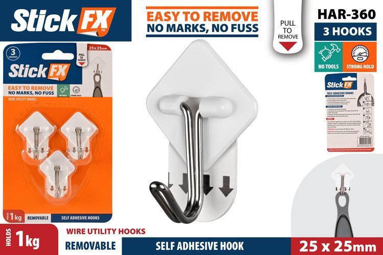 3pce Self-Adhesive Hooks-1kg-Rem-2.5cmH