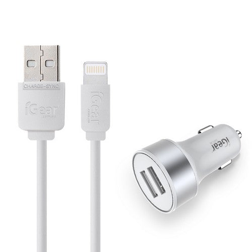 Igear Car Charger with iPhone Charging Cable - White