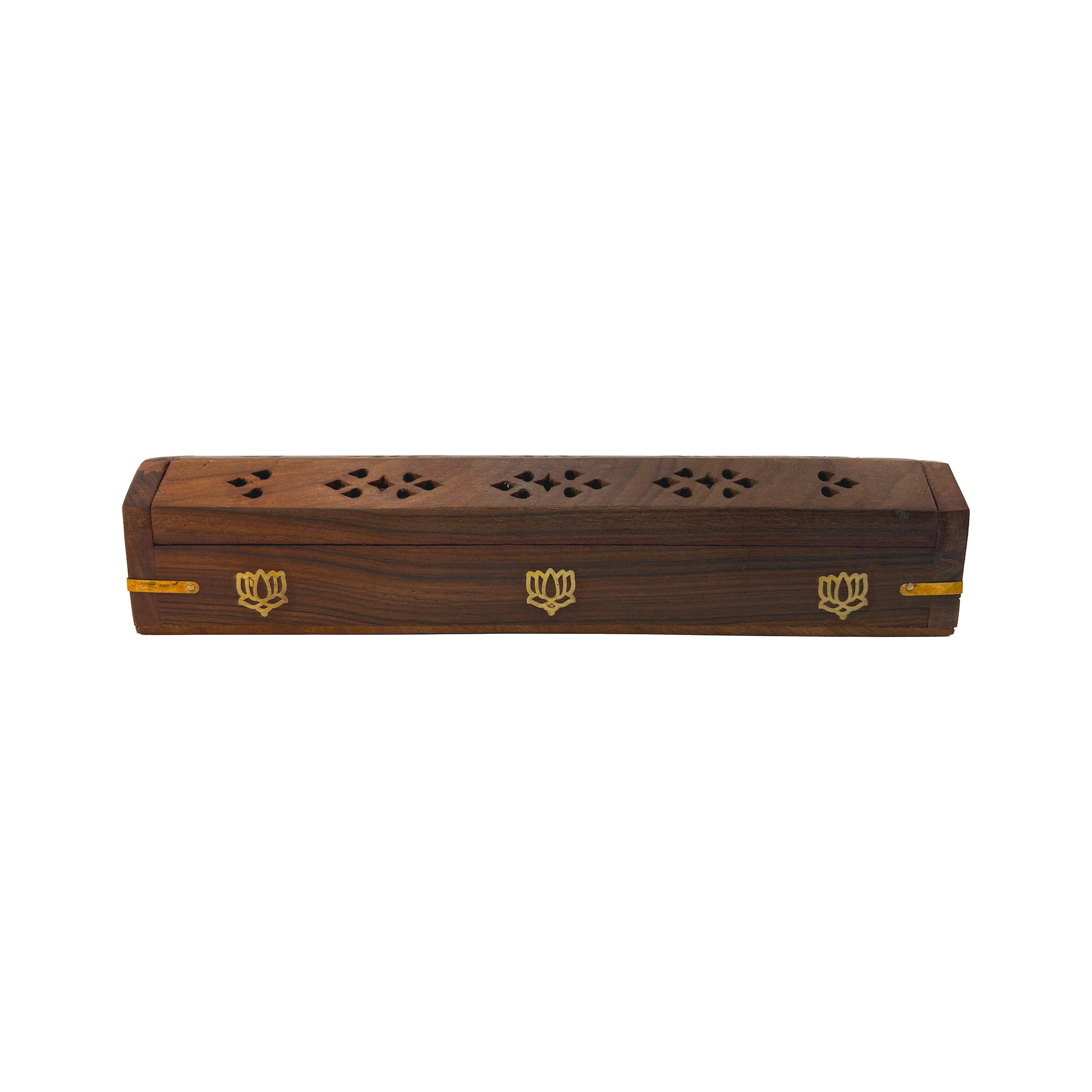 WOODEN INCENSE BOX WITH BRASS LOTUS