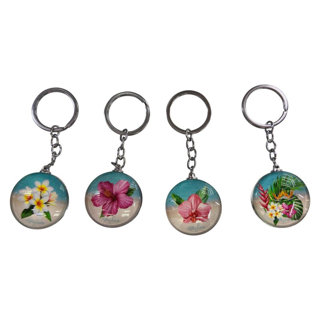 Glass Dome Frangipani Keyring 4 ass SKU KLFRKEYR - Dollars and Sense