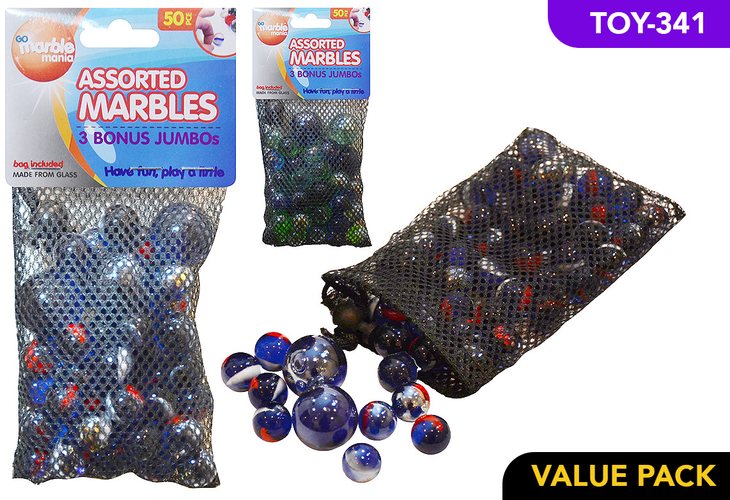 50pce Glass Marbles+3JUMBO Marbles w/Bag