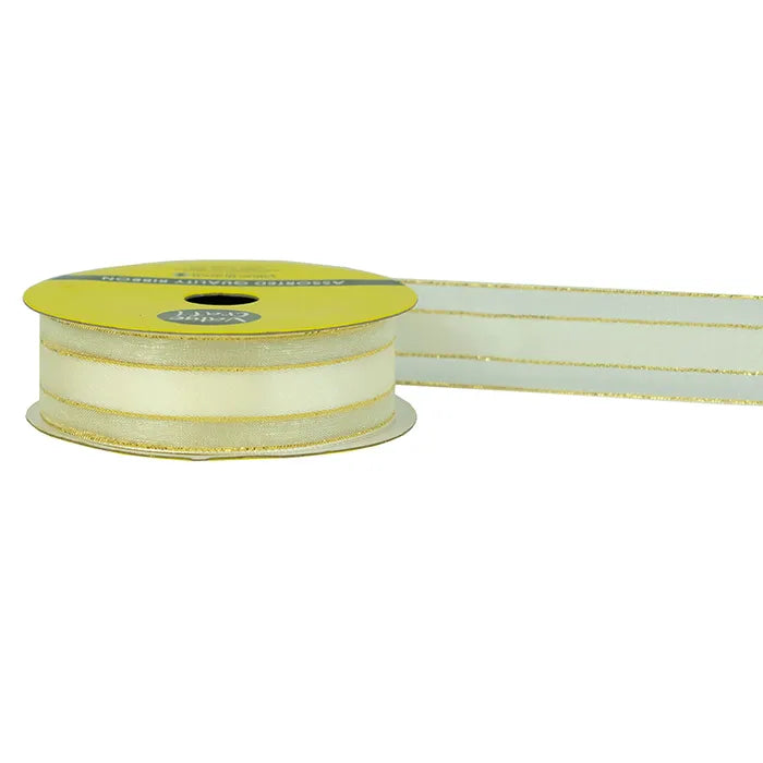 Satin Sheer Ribbon with Gold Edge - Cream