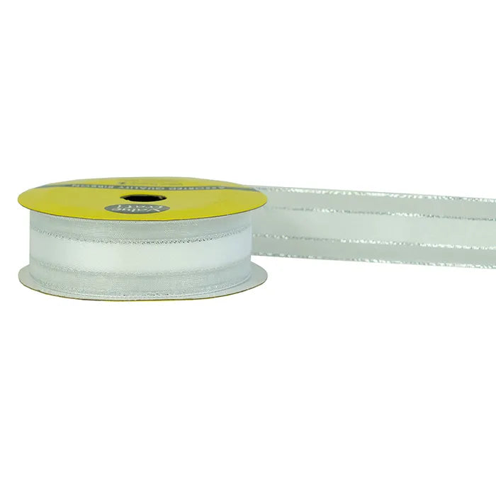 Satin Sheer Ribbon with Silver Edge - White
