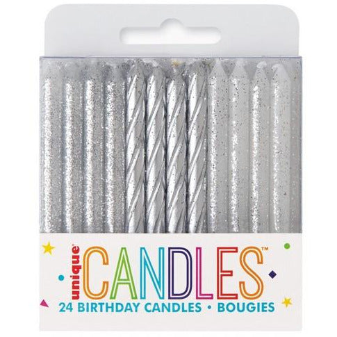 24 Silver & Silver Glitter Assorted Spiral Candles Default Title