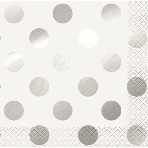 Foil Stamped Dots Silver 16 Beverage Napkins 2ply 25.4 x 25.4cm