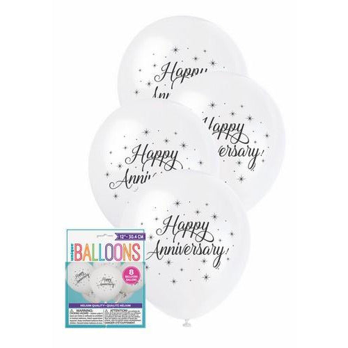 Happy Anniversary 8 x 30cm (12) Balloons - White