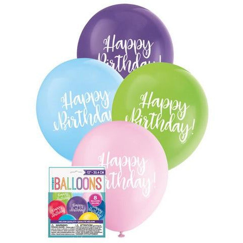 Happy Birthday 8 x 30.4cm (12) Balloons - Assorted Colours