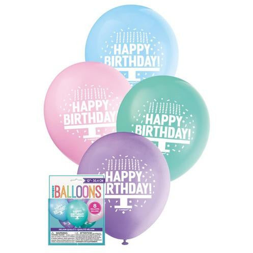Happy Birthday Cake 8 x 30cm (12) Balloons - Assorted Pastel Colours