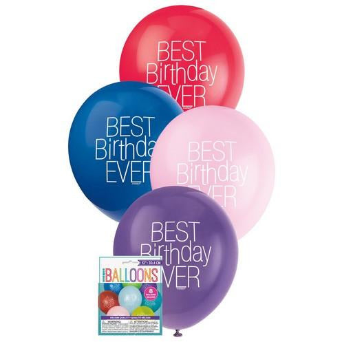 Best Birthday Ever 8 x 30cm (12) Balloons - Assorted Colours
