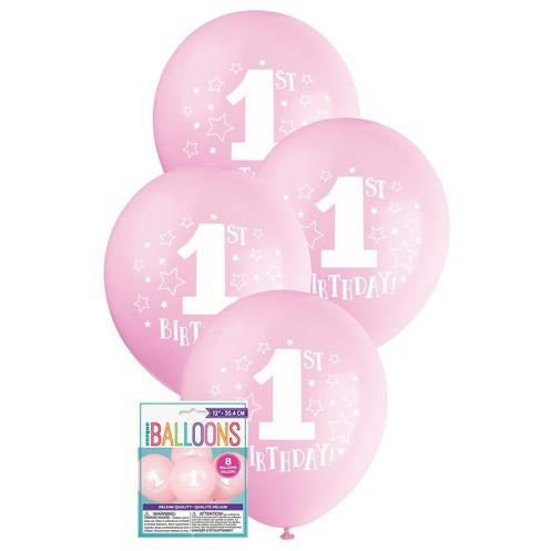 1st Birthday Stars 8 x 30cm (12) Balloons - Pink