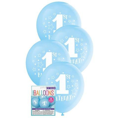 1st Birthday Stars 8 x 30cm (12) Balloons - Blue