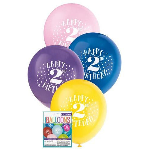 Happy 2nd Birthday 8 x 30cm (12) Balloons - Assorted Colours
