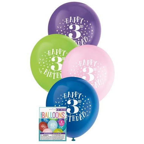 Happy 3rd Birthday 8 x 30cm (12) Balloons - Assorted Colours