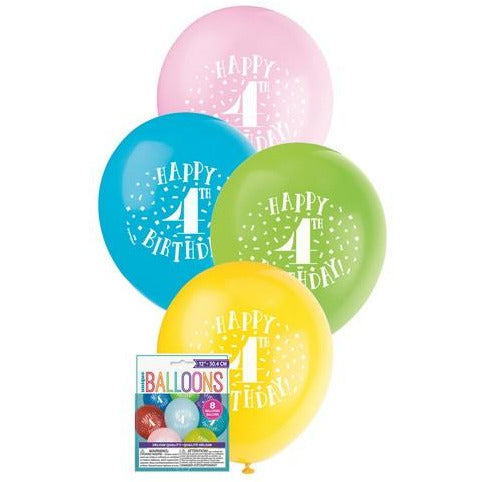Happy 4th Birthday 8 x 30cm (12) Balloons - Assorted Colours