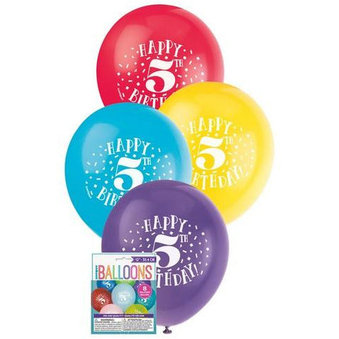 Happy 5th Birthday 8 x 30cm (12) Balloons - Assorted Colours