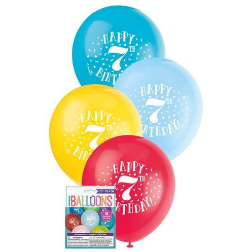 Happy 7th Birthday 8 x 30cm (12) Balloons - Assorted Colours