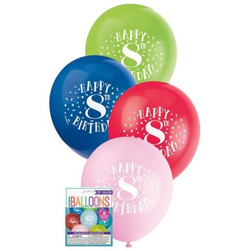 Happy 8th Birthday 8 x 30cm (12) Balloons - Assorted Colours