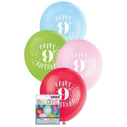 Happy 9th Birthday 8 x 30cm (12) Balloons - Assorted Colours