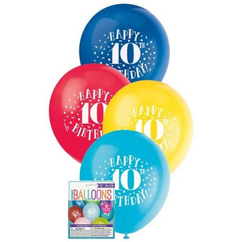 Happy 10th Birthday 8 x 30cm (12) Balloons - Assorted Colours