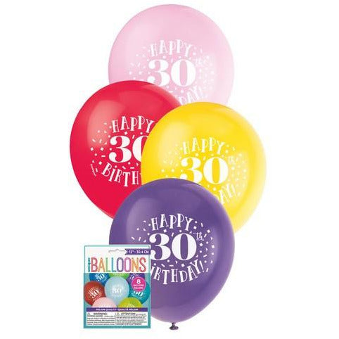 Happy 30th Birthday 8 x 30cm (12) Balloons - Assorted Colours