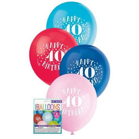 Happy 40th Birthday 8 x 30cm (12) Balloons - Assorted Colours