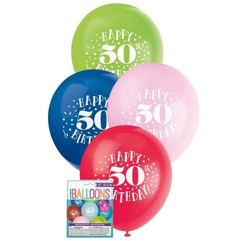 Happy 50th Birthday 8 x 30cm (12) Balloons - Assorted Colours