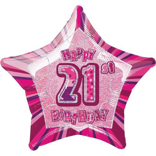 Glitz Pink 21st Birthday Star 50cm (20) Foil Balloon Packaged