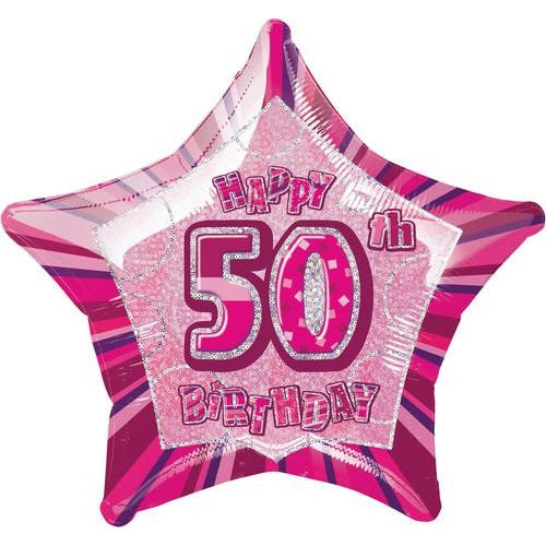 Glitz Pink 50th Birthday Star 50cm (20) Foil Balloon Packaged