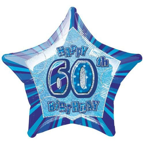Glitz Blue 60th Birthday Star 50cm (20) Foil Balloon Packaged