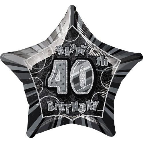Glitz Black And Silver 40th Birthday Star 50cm (20) Foil Balloon Packaged