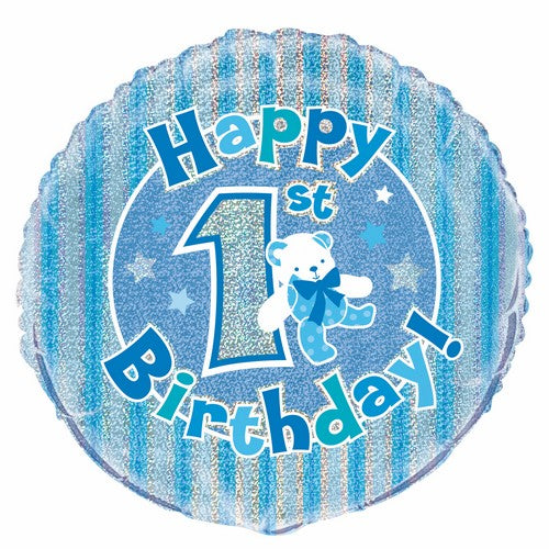1st Birthday - Blue 45cm (18) Foil Prismatic Balloons Packaged