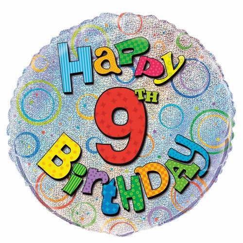 9th Birthday 45cm (18) Foil Prismatic Balloons Packaged