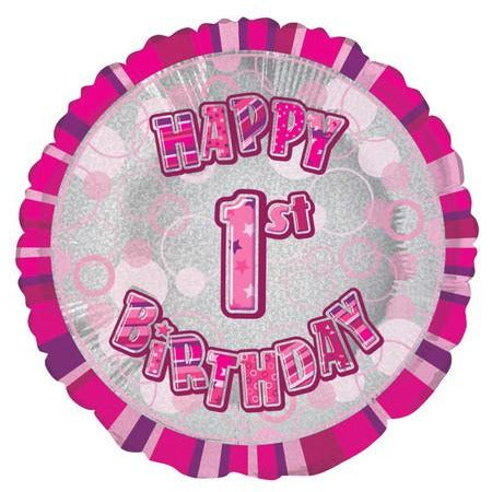 Glitz Pink 1st Birthday Round 45cm (18) Foil Balloon Packaged