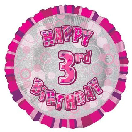 Glitz Pink 3rd Birthday Round 45cm (18) Foil Balloon Packaged