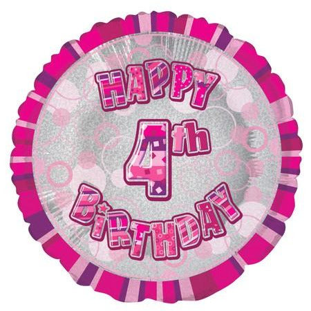 Glitz Pink Happy 4th Birthday Round Foil Balloon 45cm Default Title